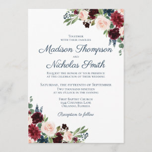 Navy and Marsala Floral Wedding Invitation Cards