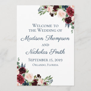 Navy and Marsala Floral Wedding Program Cards