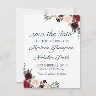 Navy and Marsala Floral Wedding Save The Date Card