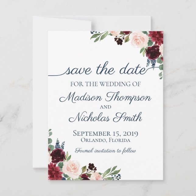 Navy and Marsala Floral Wedding Save The Date Card (Front)