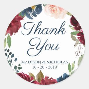 Navy and Marsala Floral Wedding Stickers Thank You