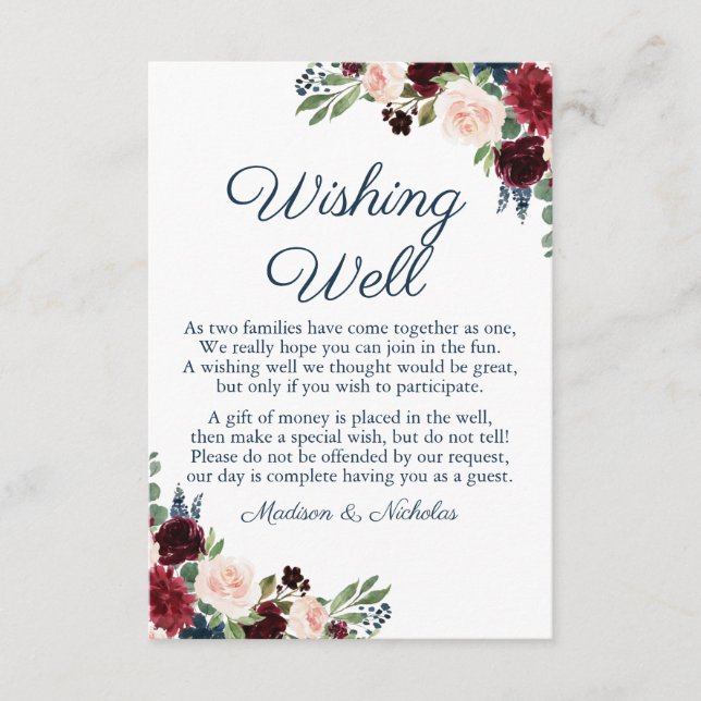 Navy and Marsala Floral Wedding Wishing Well Cards (Front)