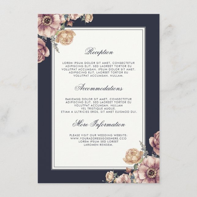 Navy and Mauve Floral Wedding Information Guest Enclosure Card (Front)