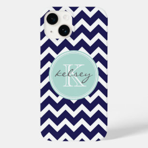 Navy and Mint Chevron Custom Monogram Case-Mate iPhone 14 Case