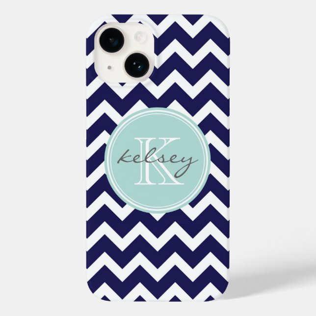Navy and Mint Chevron Custom Monogram Case-Mate iPhone Case (Back)