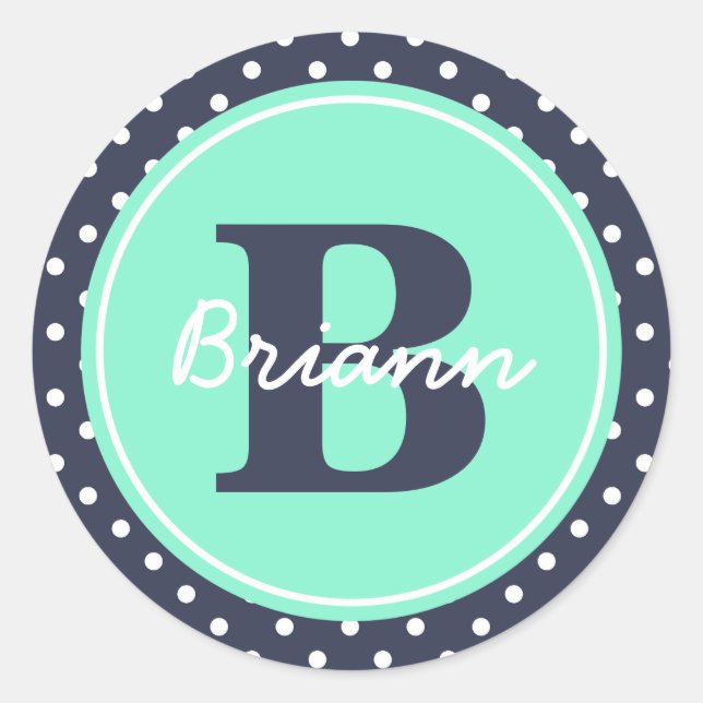 Navy and Mint Dots, Initial, and Name Classic Round Sticker (Front)