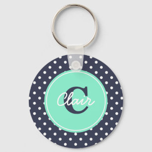 Navy and Mint Dots, Initial, and Name Key Ring