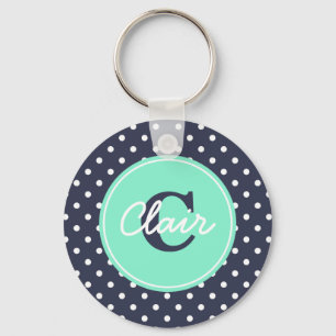 Navy and Mint Dots, Initial, and Name Key Ring