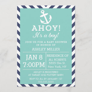 Navy and Mint Nautical Chevron Baby Shower Invitation