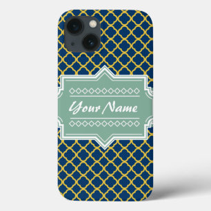 Navy and Mint Quatrefoil Personalised iPhone 13 Case