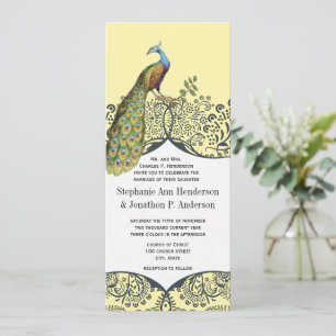Navy and Mustard Peacock Love Bird Pattern Wedding Invitation