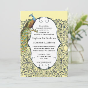 Navy and Mustard Peacock Love Bird Pattern Wedding Invitation