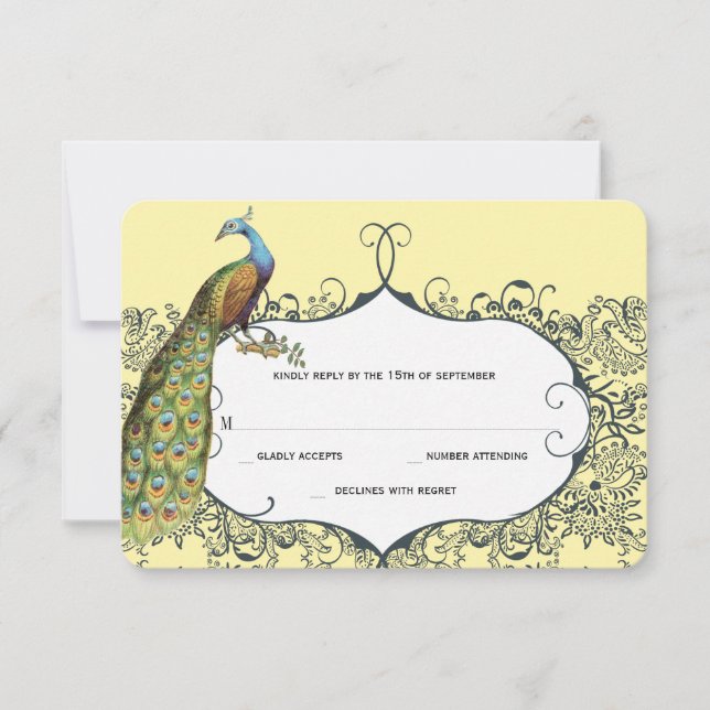 Navy and Mustard Peacock Love Bird Pattern Wedding RSVP Card (Front)