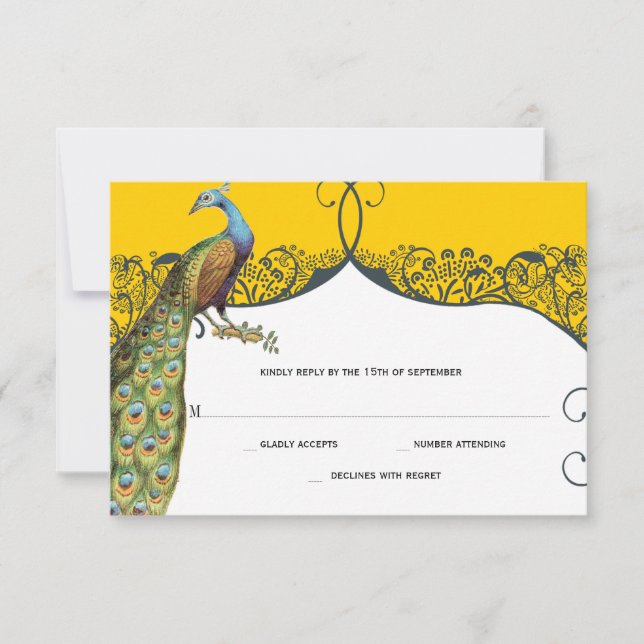 Navy and Mustard Peacock Love Bird Pattern Wedding RSVP Card (Front)