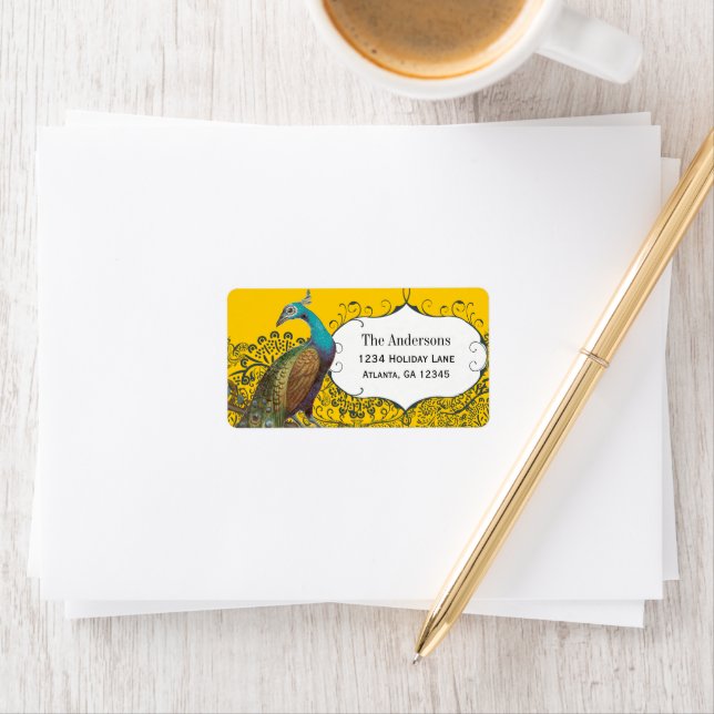 Navy and Mustard Peacock Love Bird RSVP Label (Insitu)