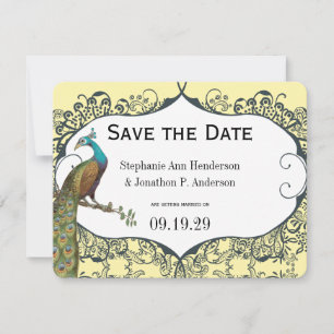 Navy and Mustard Peacock Love Bird Save the Date Invitation
