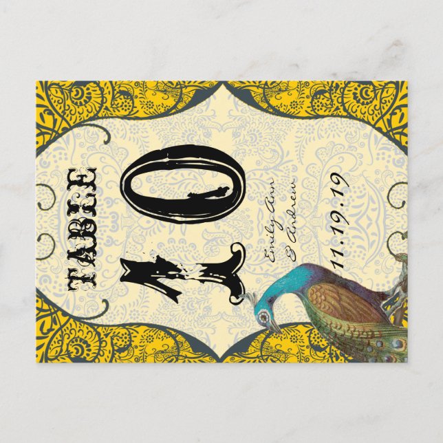 Navy and Mustard Peacock Love Bird Table Number Postcard (Front)