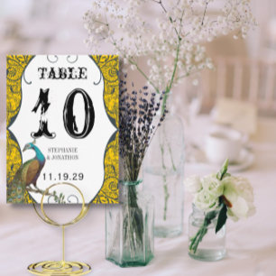 Navy and Mustard Peacock Love Bird Table Number Postcard