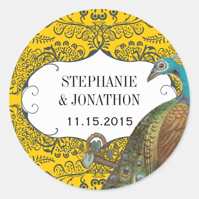 Navy and Mustard Peacock Love Bird Wedding Seal (Front)
