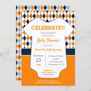 Navy and Orange Argyle Patterned Baby Shower Invitation