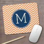 Navy and Orange Chevrons with Custom Monogram Mouse Mat<br><div class="desc">A preppy design in fresh,  cheerful colors. If you need to adjust the monograms,  click on the customize it button and make changes.</div>