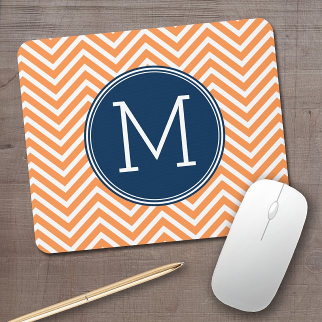 Navy and Orange Chevrons with Custom Monogram Mouse Mat (Personalized mouse pad with your monogram)