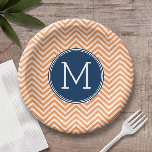 Navy and Orange Chevrons with Custom Monogram Paper Plate