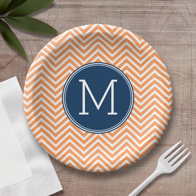 Navy and Orange Chevrons with Custom Monogram Paper Plate (Personalized birthday plate with monogram)