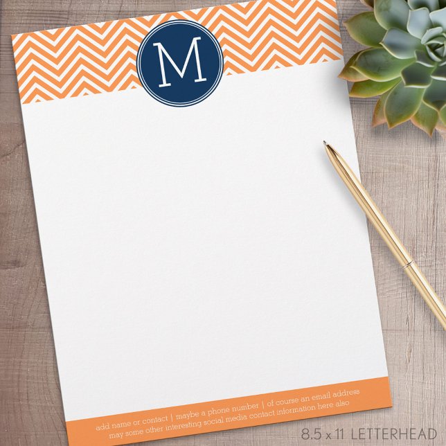 Navy and Orange Chevrons with Custom Monogram Personalized Letterhead (Personalized Letterhead )