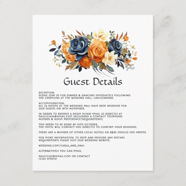 Navy and Orange Floral Wedding Guest Details Enclosure Card (Front)
