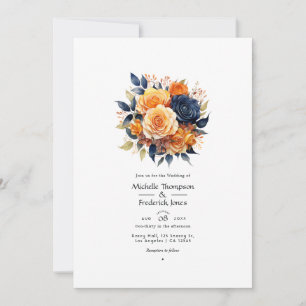 Navy and Orange Floral Wedding Invitation