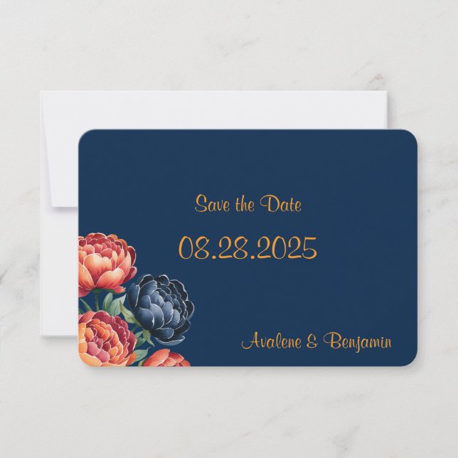 Navy and Orange Peony Wedding Save The Date (Front)