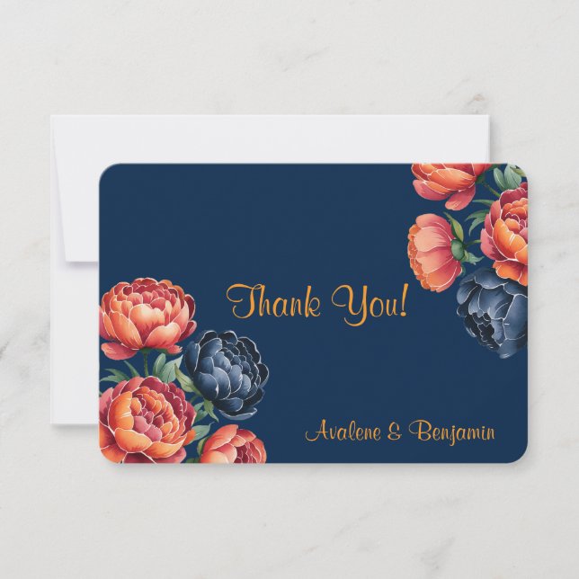 Navy and Orange Peony Wedding Thank You Card (Front)