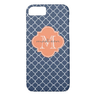 Navy and Orange Quatrefoil Custom Monogram iPhone 8/7 Case