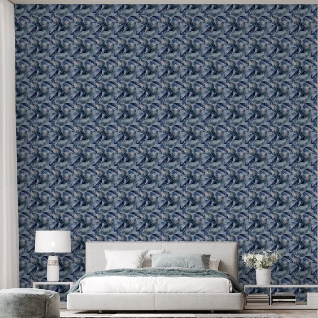 Navy and Pale Blue Leaves  Wallpaper (Bedroom)