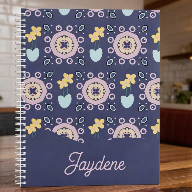 Navy And Pastel Geometric Floral Planner (Floral meets geometric, with your name in cursive. This notebook’s got style and personality.)