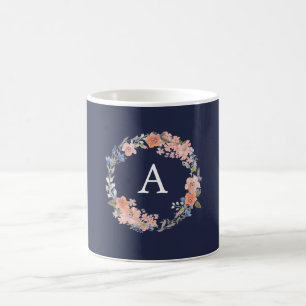 Navy and Peach Floral Wreath Monogram Mug