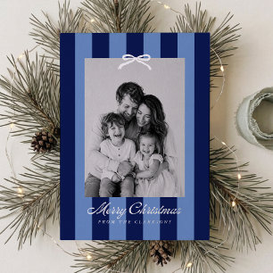 Navy and Periwinkle Striped Bow One Photo Foil Holiday Card