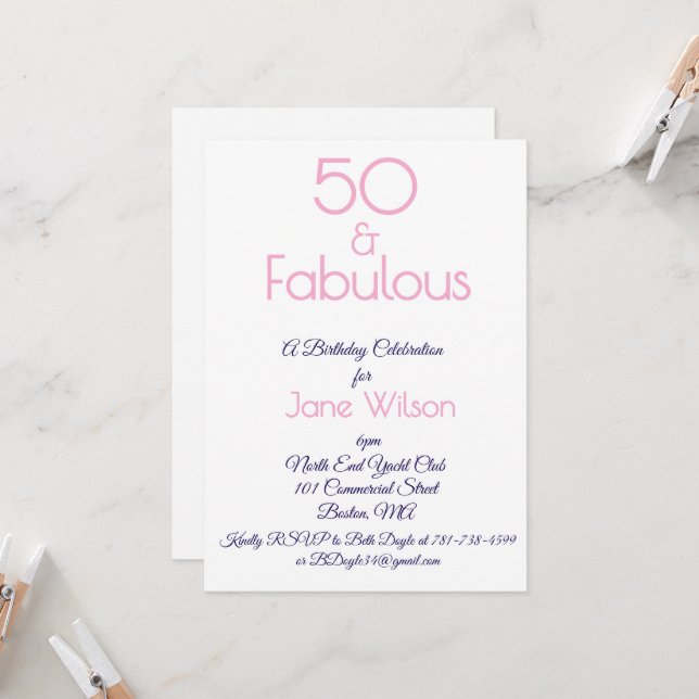 Navy and Pink 50th Birthday Invitation (Front/Back In Situ)