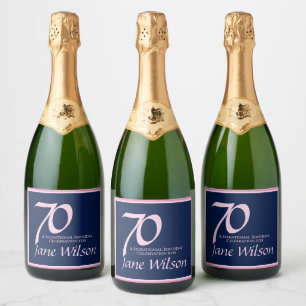 Navy and Pink 70th Birthday Party Collection Sparkling Wine Label