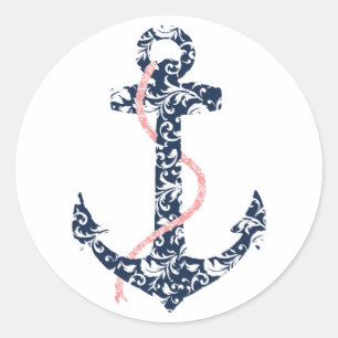 Navy and Pink Anchor Beach Wedding Classic Round Sticker