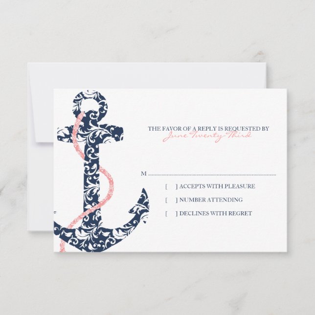 Navy and Pink Anchor Beach Wedding rsvp (Front)