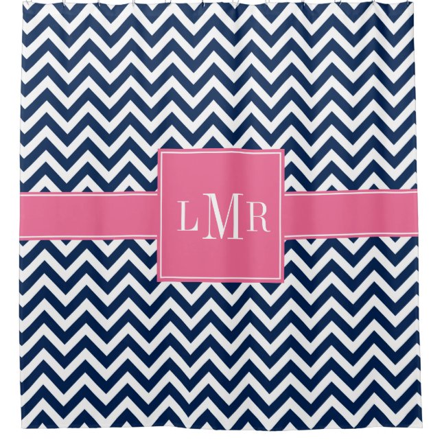 Navy and Pink Chevrons Monogram Shower Curtain (Front)