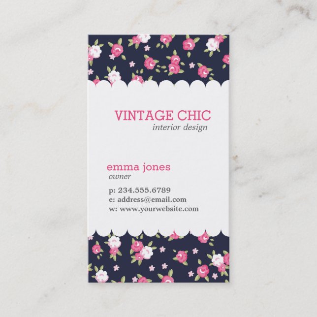 Navy and Pink Chic Vintage Floral Print Business Card (Front)
