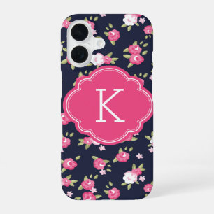 Navy and Pink Chic Vintage Floral Print Monogram iPhone 16 Case