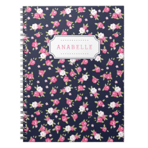 Navy and Pink Chic Vintage Floral Print Monogram Notebook