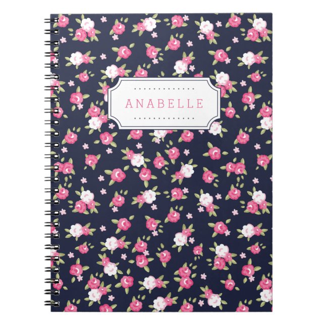 Navy and Pink Chic Vintage Floral Print Monogram Notebook (Front)