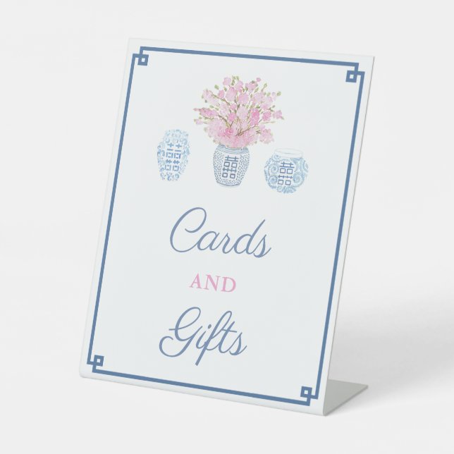 Navy And Pink Chinoiserie Wedding Cards And Gifts Pedestal Sign (Front)