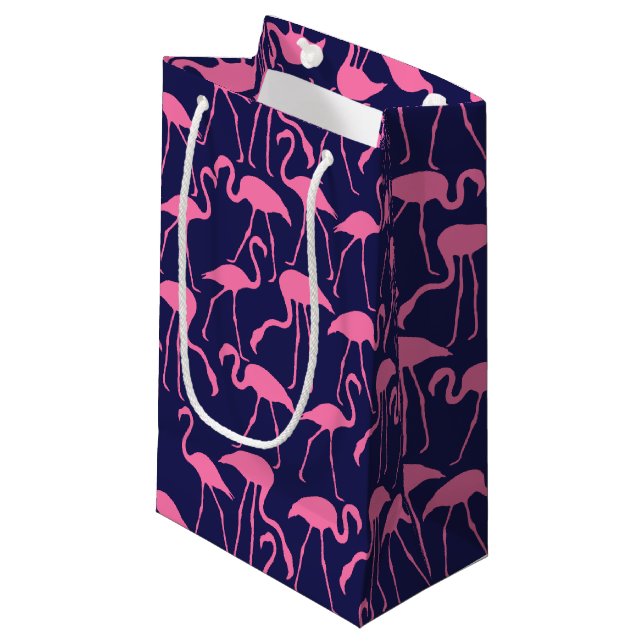 Navy and Pink Flamingo Pattern Small Gift Bag (Front Angled)