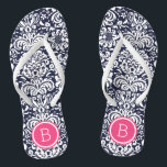 Navy and Pink Floral Damask Monogram Flip Flops<br><div class="desc">Custom printed flip flop sandals with a stylish elegant floral damask pattern and your custom monogram or other text in a circle frame. Click Customise It to change text fonts and colours or add your own images to create a unique one of a kind design!</div>